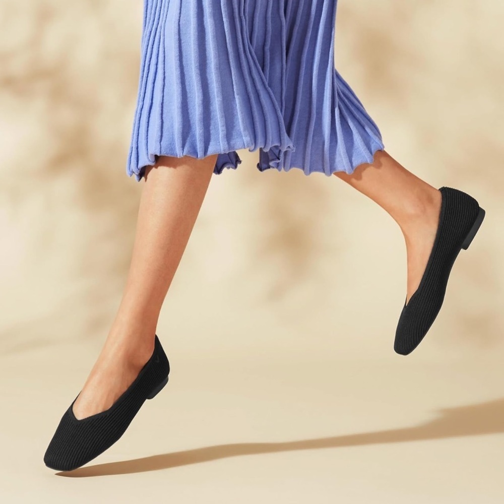 VIVAIA Margot 2.0 Square-Toe V Cut Flats Ribbed Texture Ballet Flats Black SZ 10